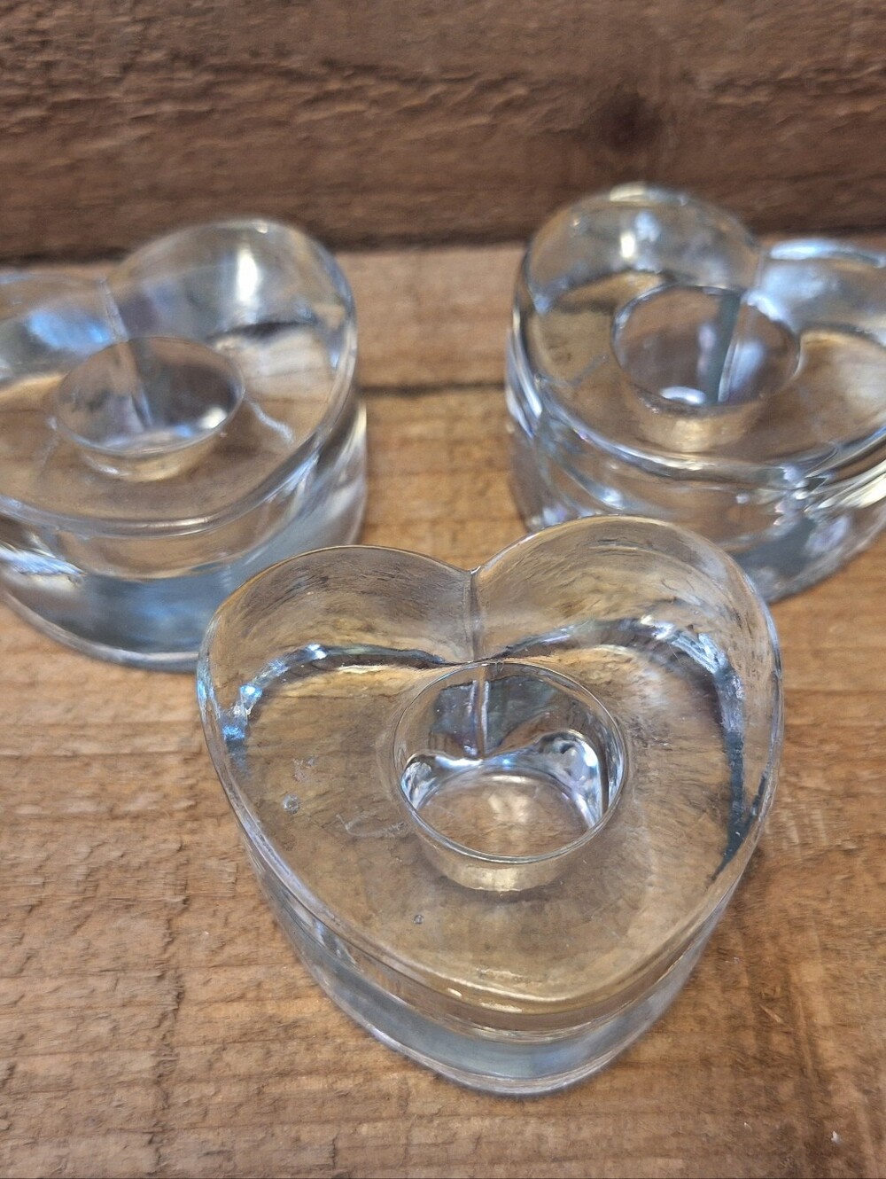 3 Heart Shaped, Paper Weight Glass Candle Holders, Votive. Taper Candle.